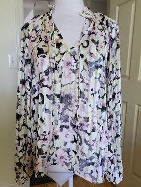 H&M Pastel Floral Pleated V-Neck Blouse with Tie